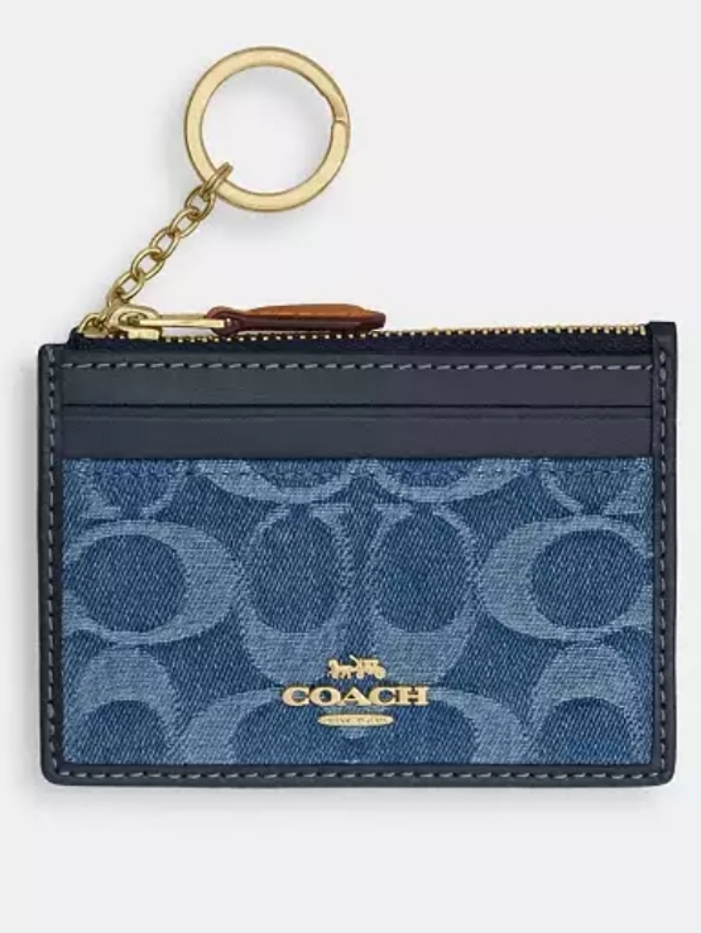 🔥COACH Mini Skinny ID Case In Signature Denim/Leather, Gold Hardware. NEW W/Tag
